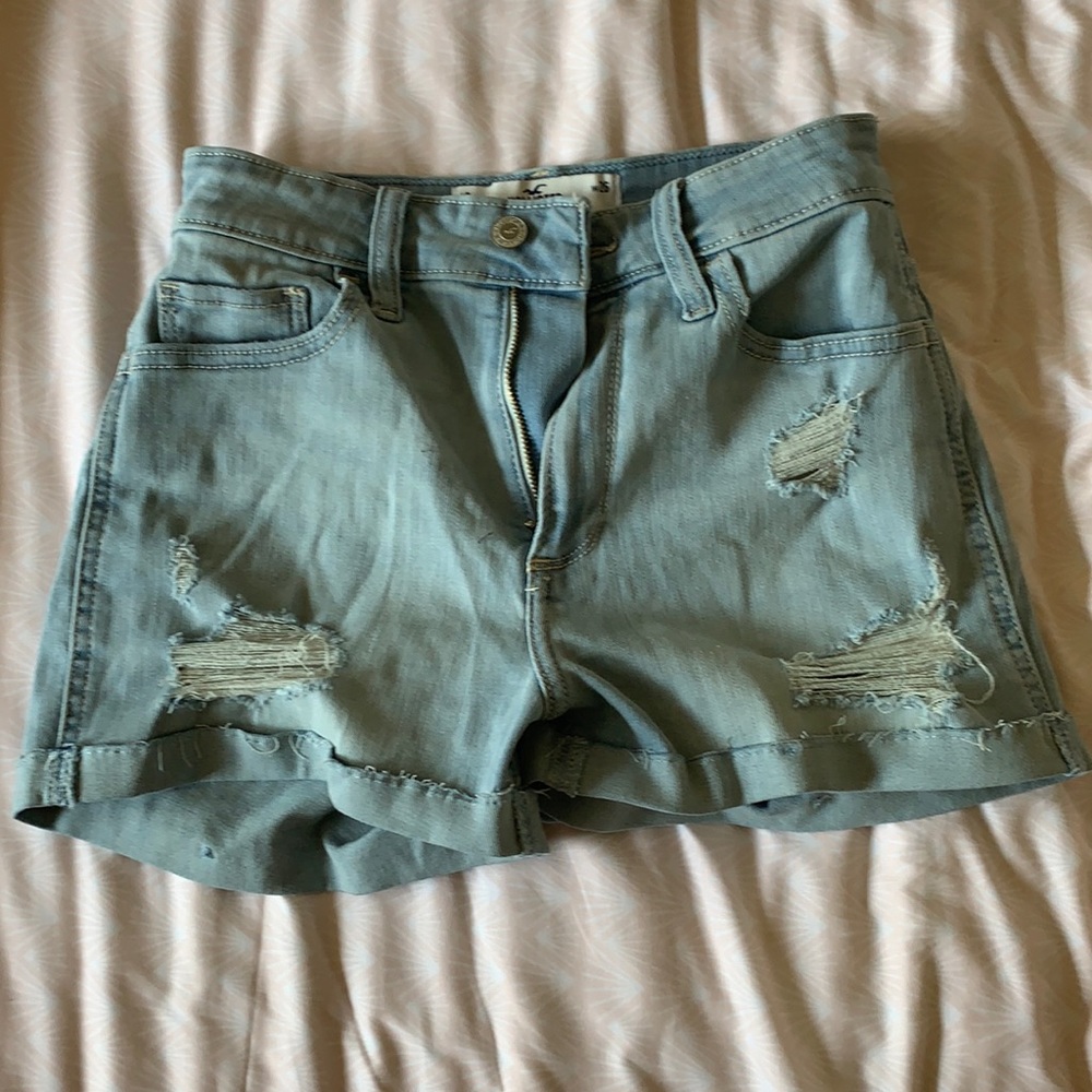 Denim, light washed, distressed shorts